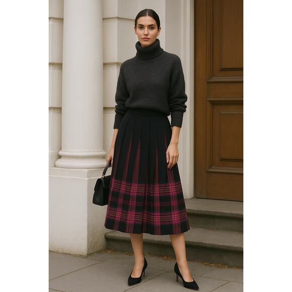 Vintage Pendleton Womens 10 Virgin Wool Pleated A-Line Skirt Black Pink Plaid - Picture 1 of 9